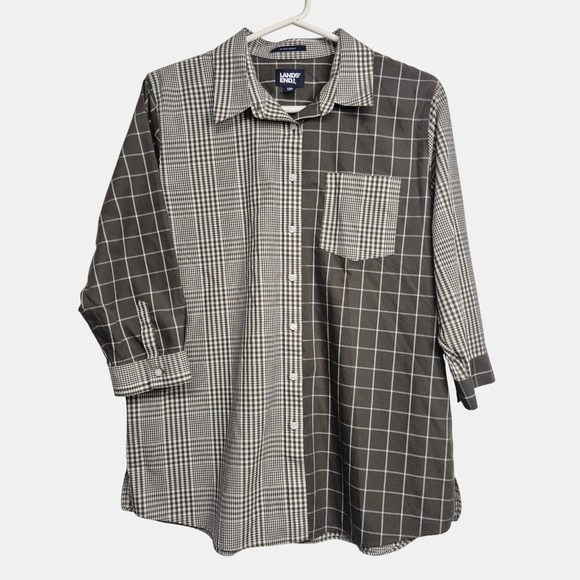Lands' End Tops - Lands End No‎ Iron Supima Cotton Mixed Plaid Button Down Shirt Olive Green 12P